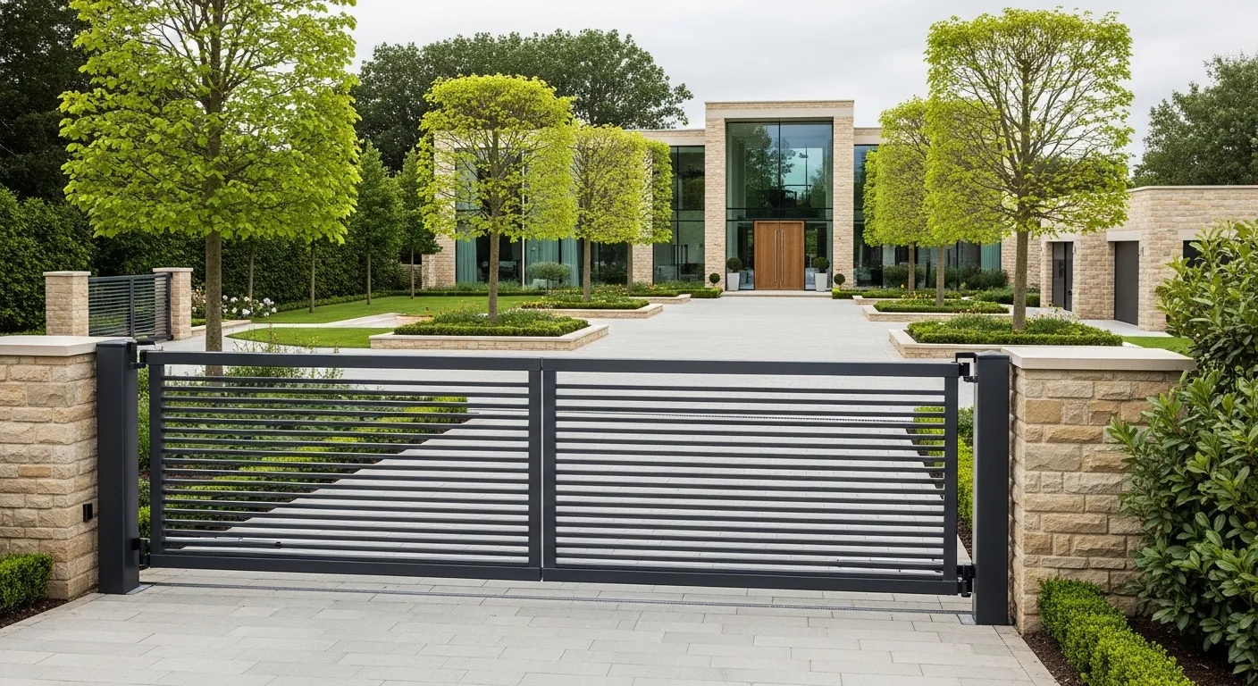 Dark aluminium driveway gate with horizontal slats