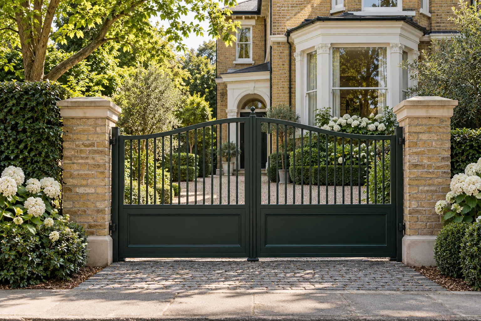 Illustrative forest-green driveway gates framed by brick piers and a leafy London home