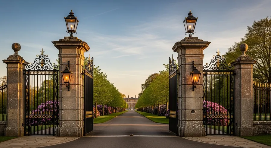 Traditional open metal gates with fine decorative details