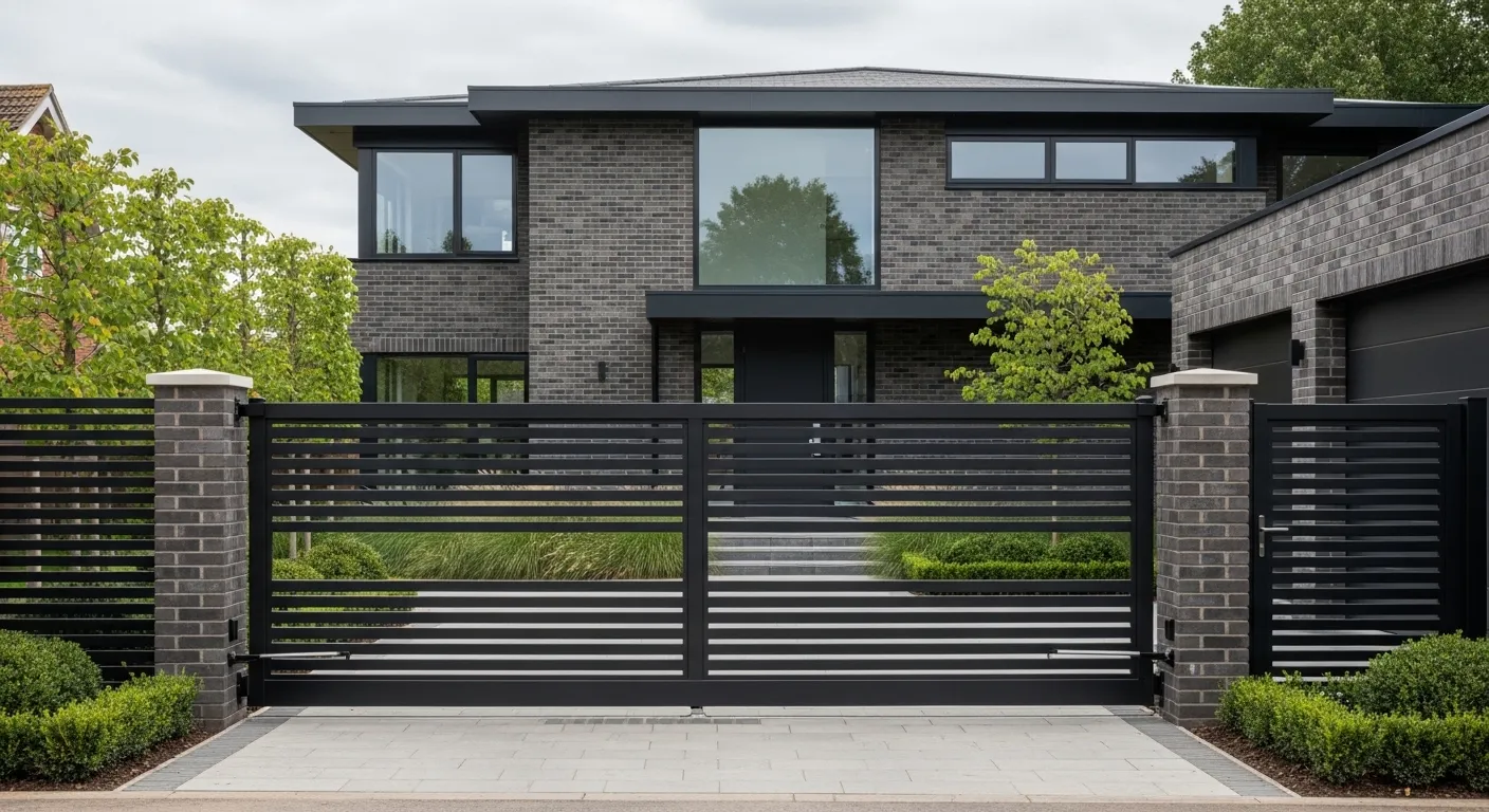 Contemporary sliding driveway gate against warm brick