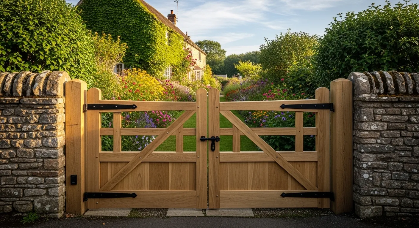 Natural timber gate beside a cottage garden